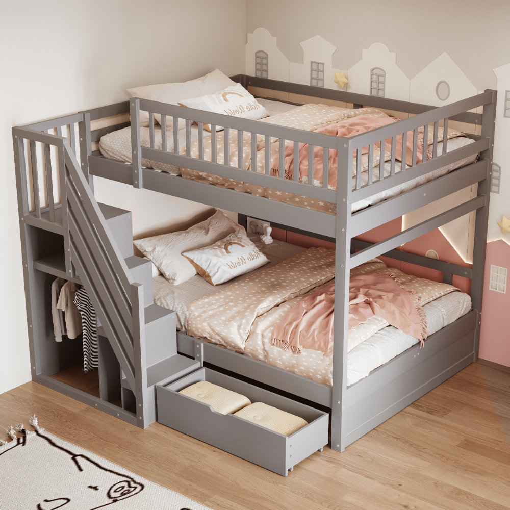 Litera 140x200cm con cajones, barandilla alta y somier, madera – gris