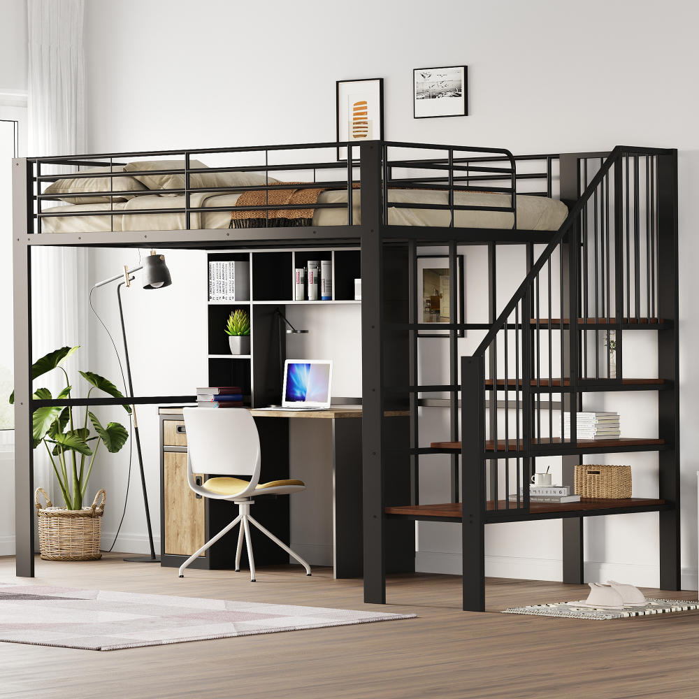 Cama alta metálica 140x200cm con escalera y espacio inferior libre – negro