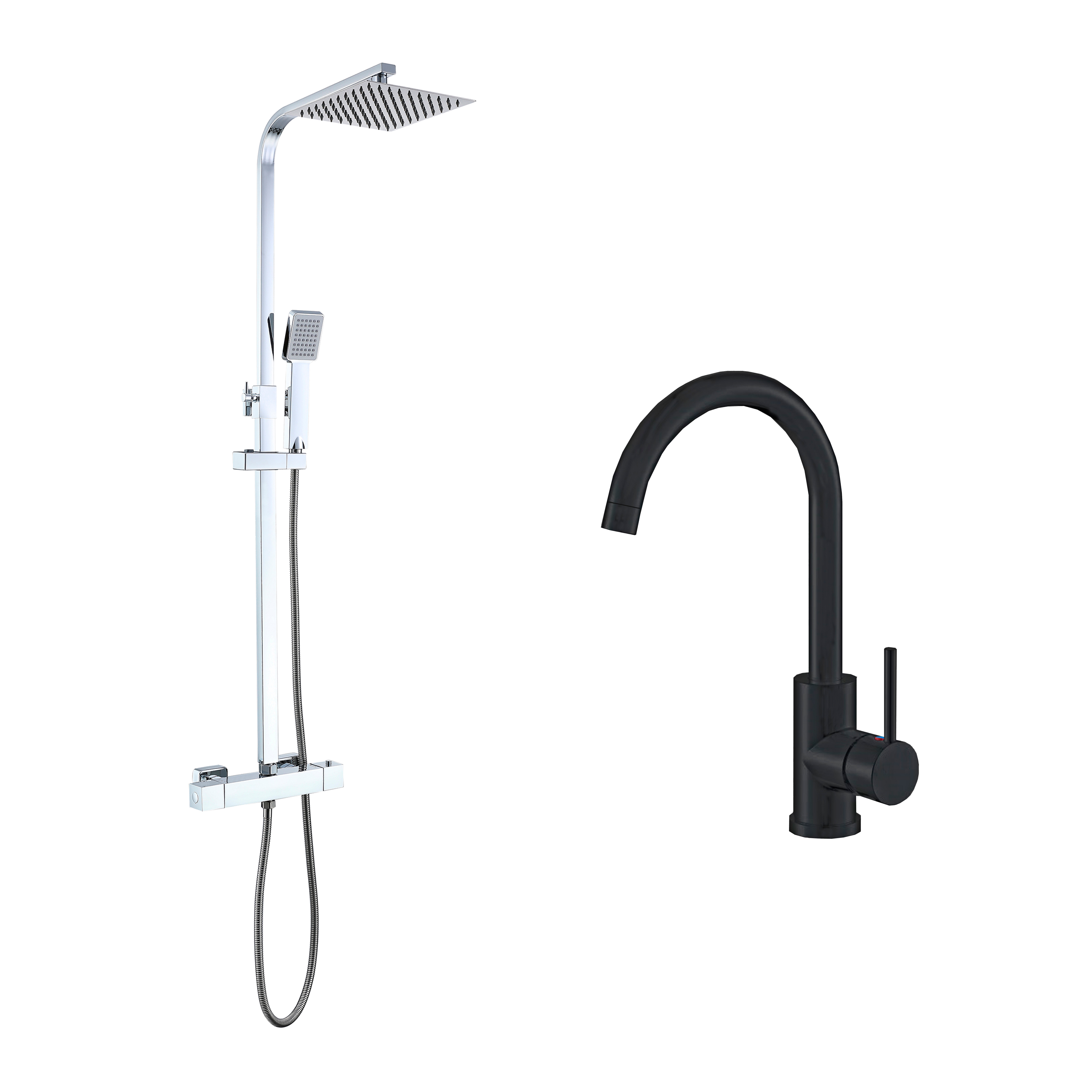 Aica columna de ducha termostática plata brillante + grifo de cocina negro