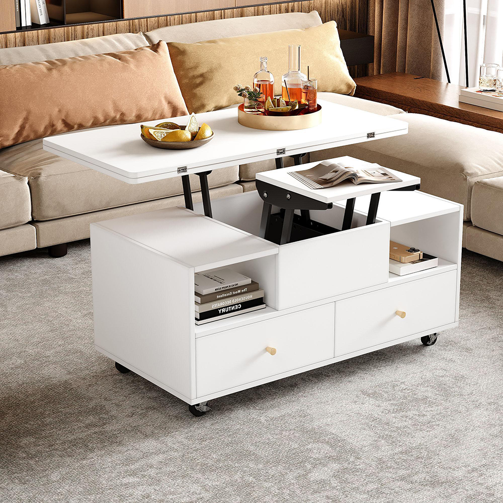 Mesa de centro plegable con ruedas y altura ajustable,blanco