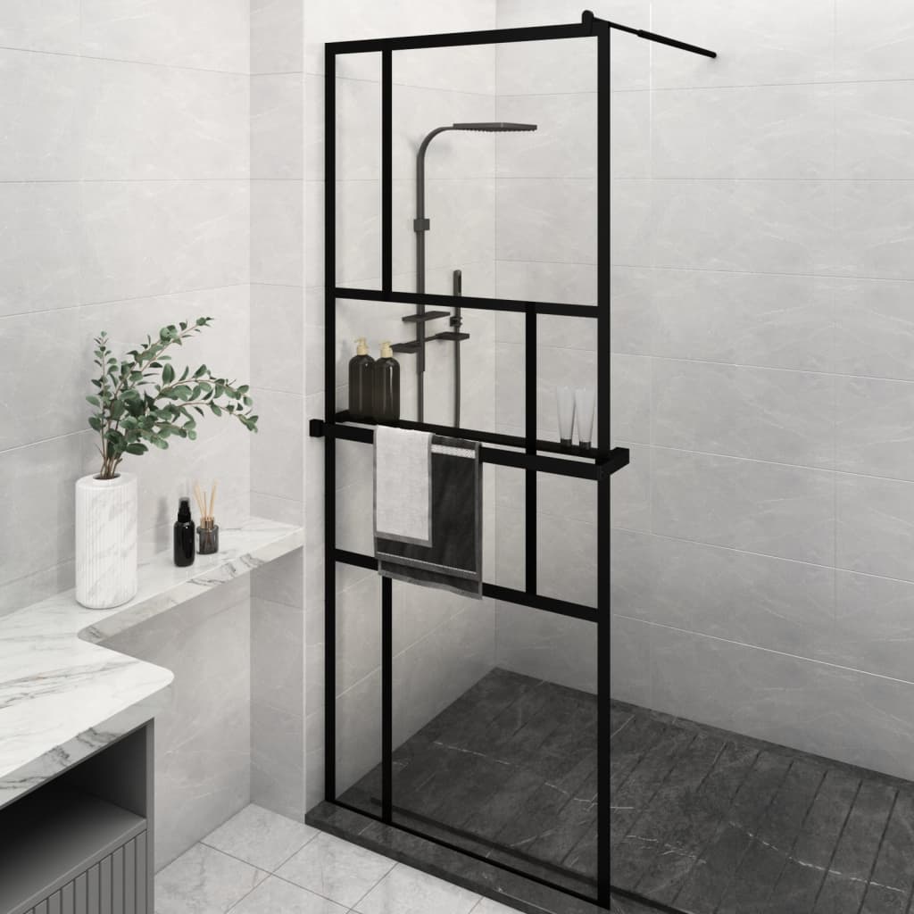 Mampara ducha con estante vidrio esg y aluminio negro 80x195 cm