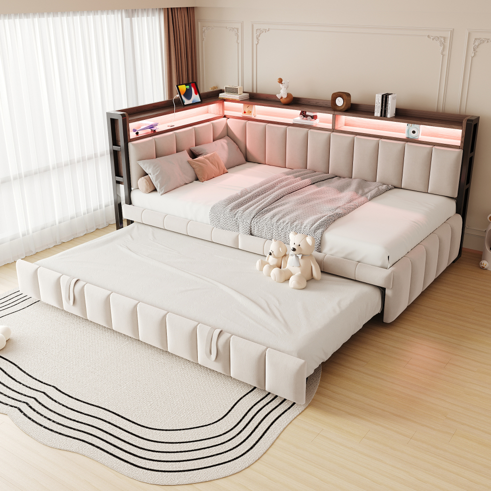 Cama nido 90x200cm con LED y usb, compartimentos terciopelo beige