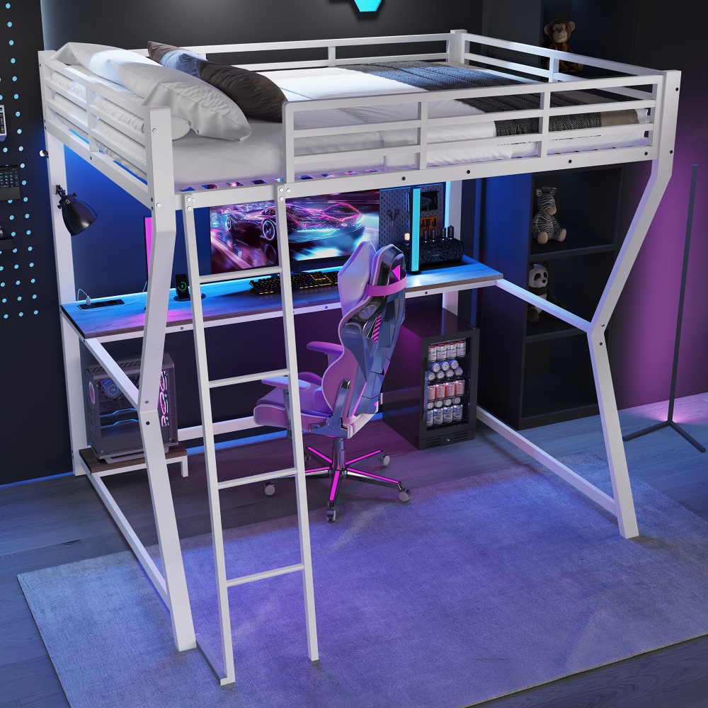 Cama alta 140x200cm con escritorio y LED, usb y estante metal y mdf blanco