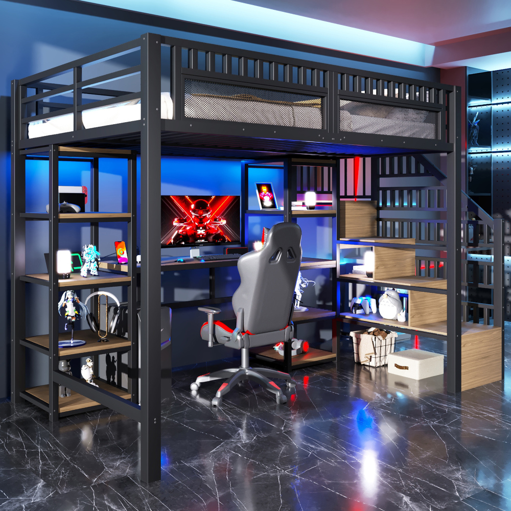 Cama alta 140x200cm con escritorio, LED y almacenaje metal – negro