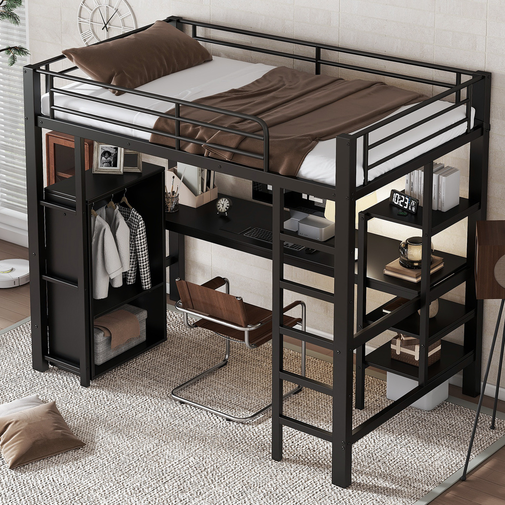 Litera 90x200 cm con escritorio y armario metal y mdf – negro
