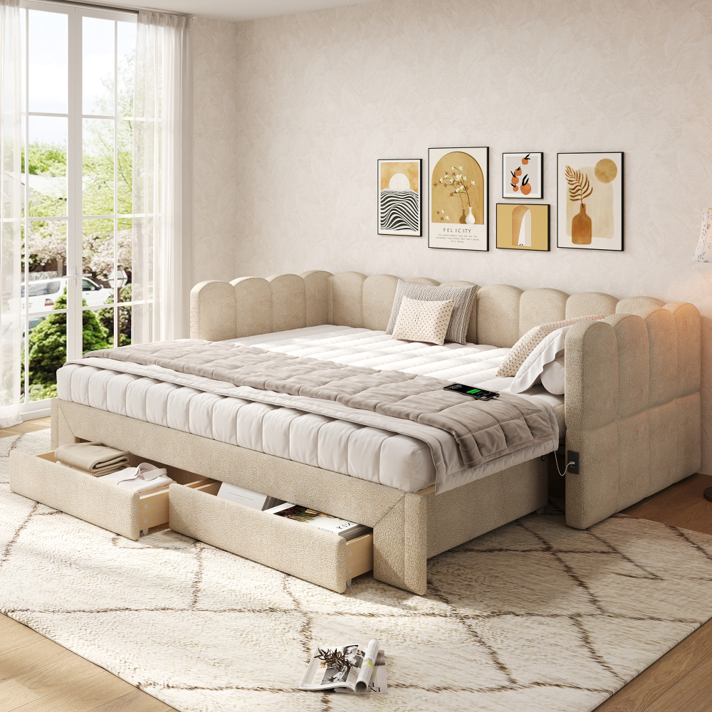 Cama nido 90/180x200cm con 2 cajones y usb chenilla – beige