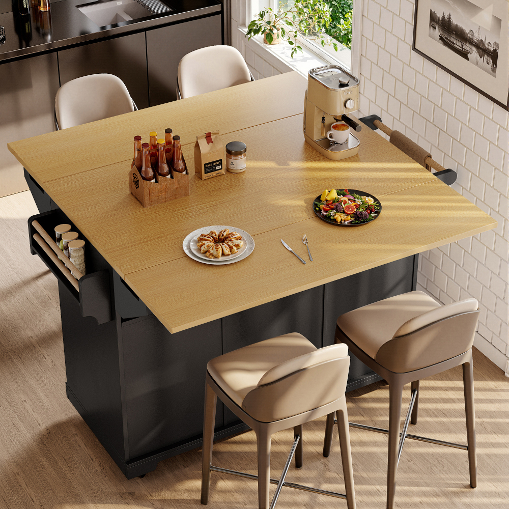 Isla de cocina plegable con 2 puertas y 3 cajones negro 95x120x40cm