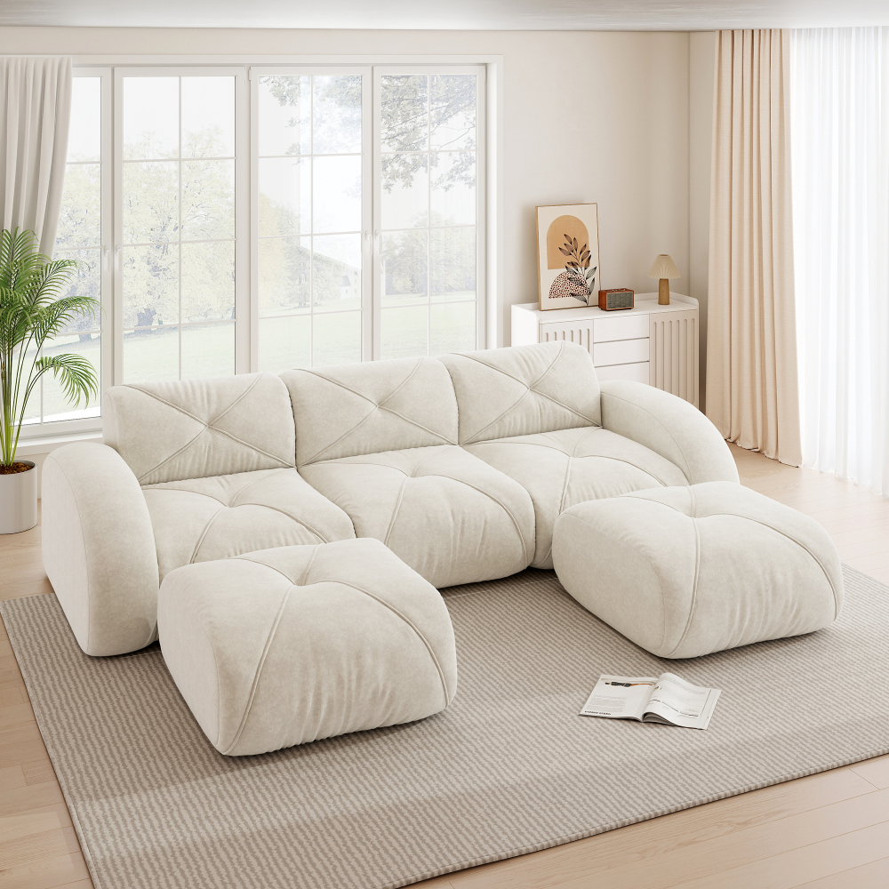 Sofá modular en u chenilla blanco 3 plazas con 2 otomanas para salón