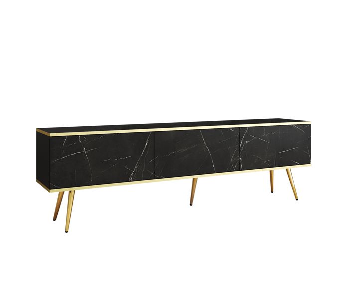 Mueble de tv contemporáneo - negro mármol y patas doradas - 175x30x52 cm