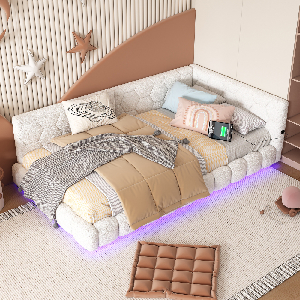 Sofá cama 90x200 cm con LED, usb y puerto tipo c terciopelo – blanco