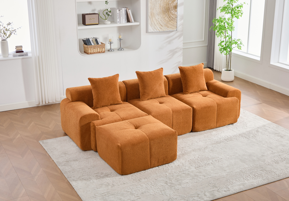 Sofá en l modular tela naranja 3 plazas viscoelástico