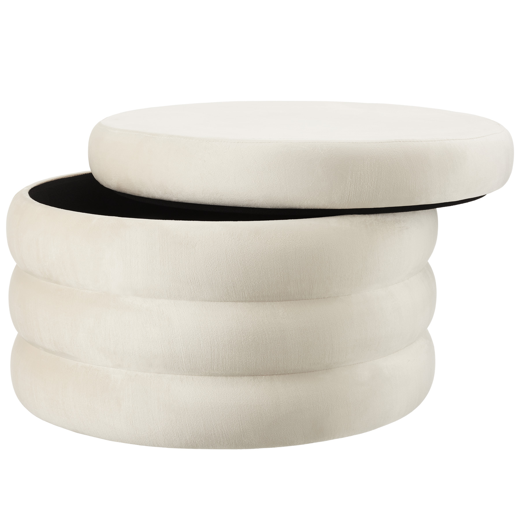 Puf tapizado de terciopelo con almacenaje, redondo, 67 x 42 cm, blanco