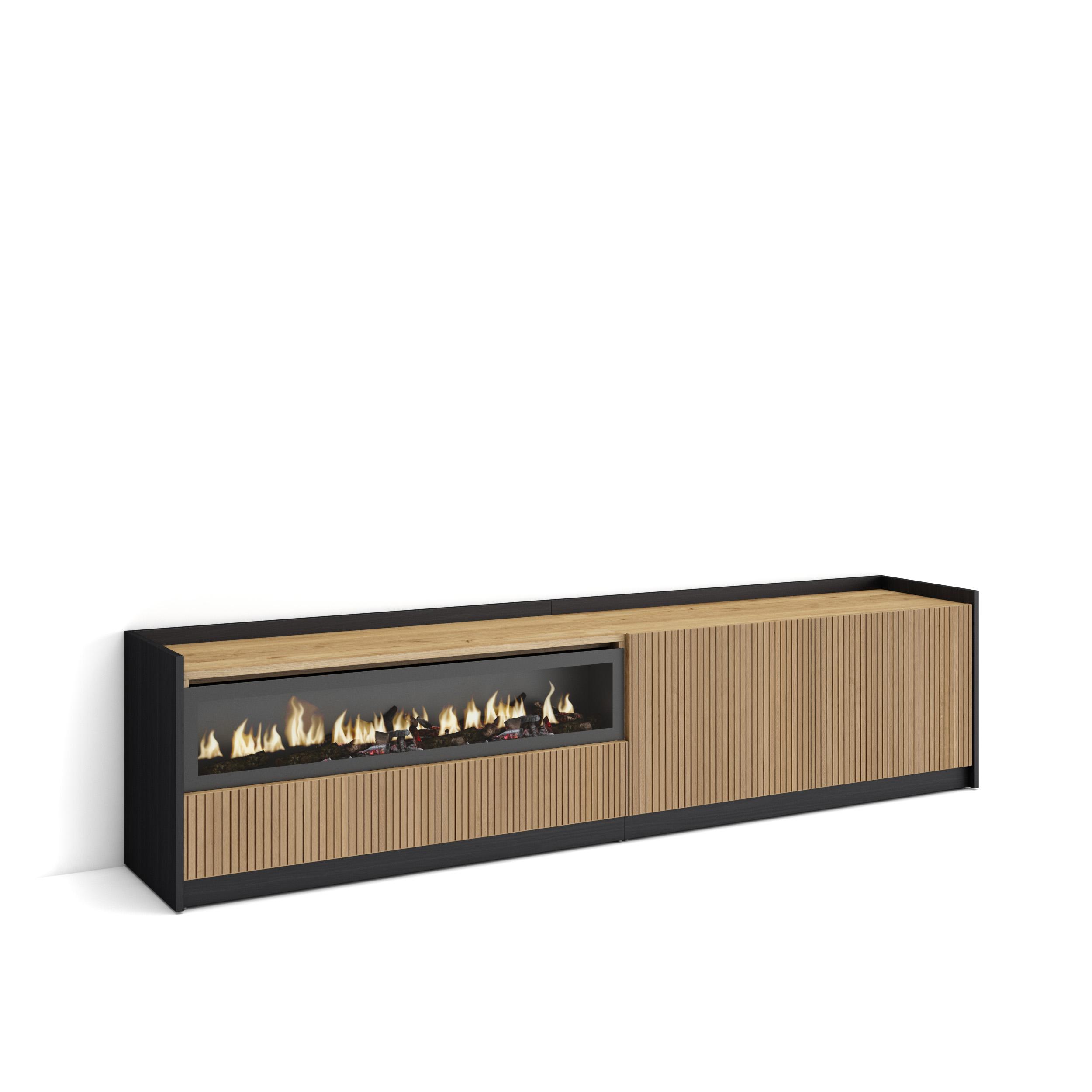 Mueble tv, televisión, roble y negro, chimenea eléctrica