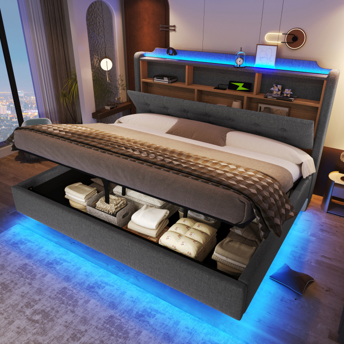 Cama tapizada 180x200cm con hidráulico LED usb-c y cabecero abatible - gris