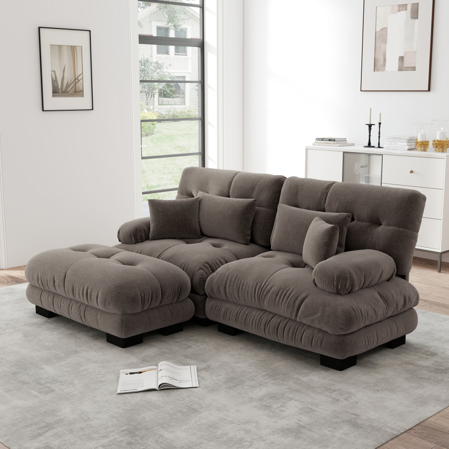 Sofá modular de chenilla marrón con otomana móvil y cojines para salón