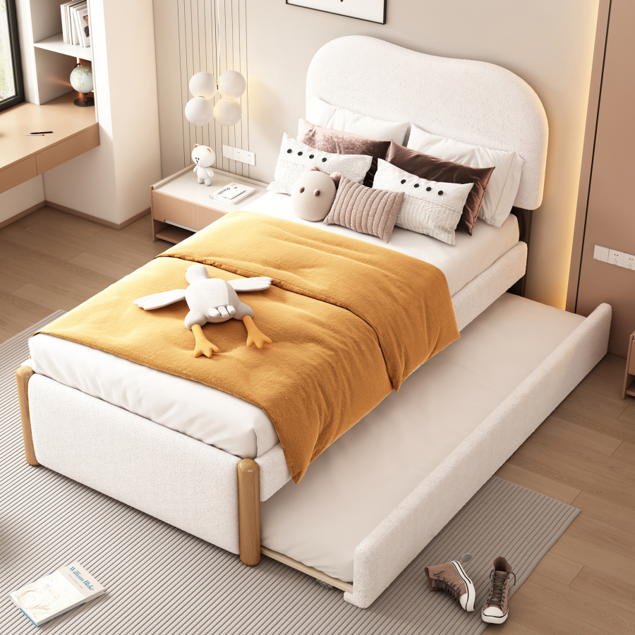Cama tapizada 90x200 cm con cama nido extraíble mdf y felpa – color blanco