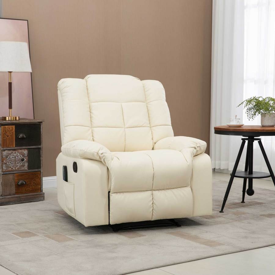Sillón relax piel sintética blanco crema con masaje y reposapiés 1 plaza