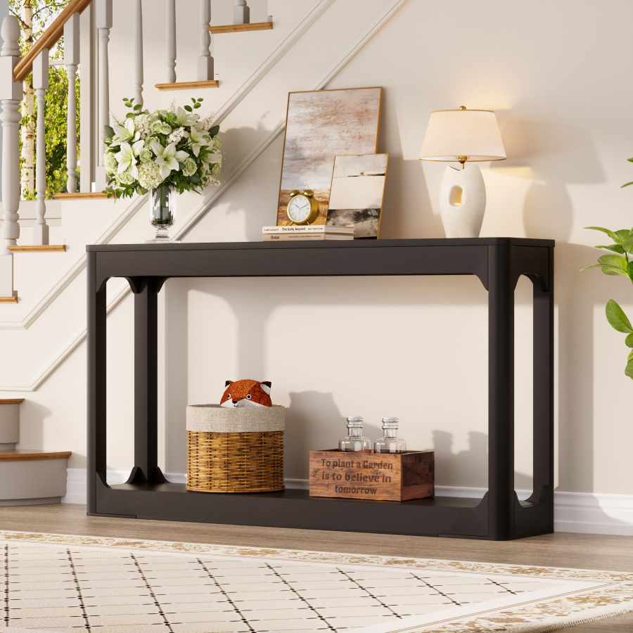 Mesa consola estrecha con almacenaje negra 140cm