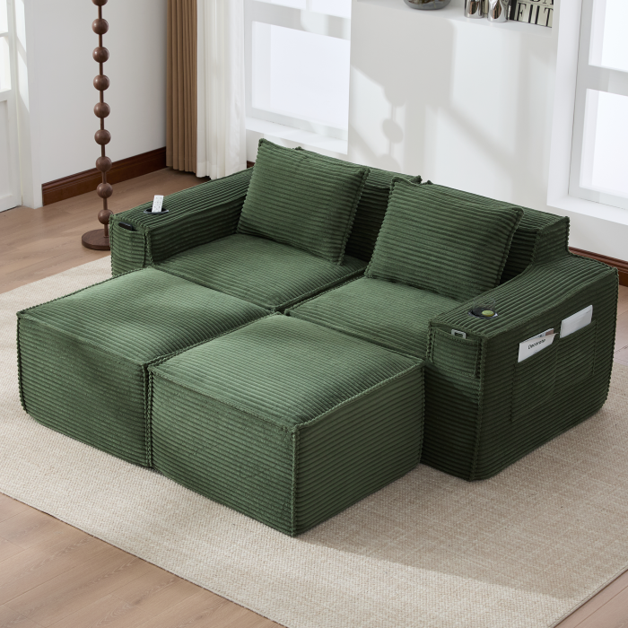Sofá modular 2 plazas pana verde con 2 pufs y bolsillos