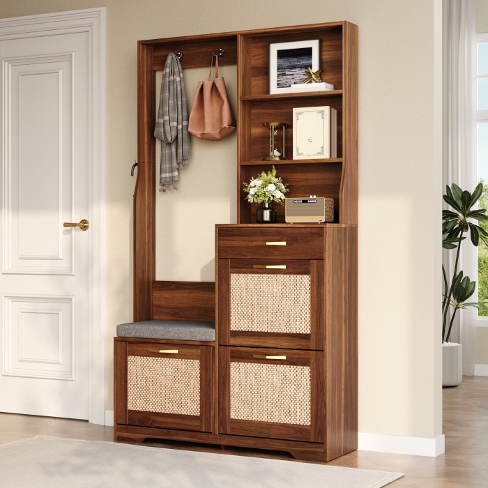 Mueble recibidor con zapatero banco 3 solapas nogal 170x100x30cm