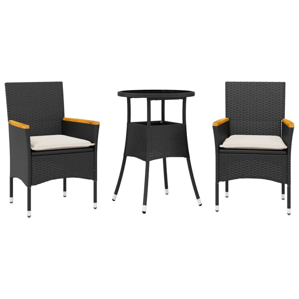 vidaXL set comedor jardín 3 pzas cojines ratán sintético vidrio negro