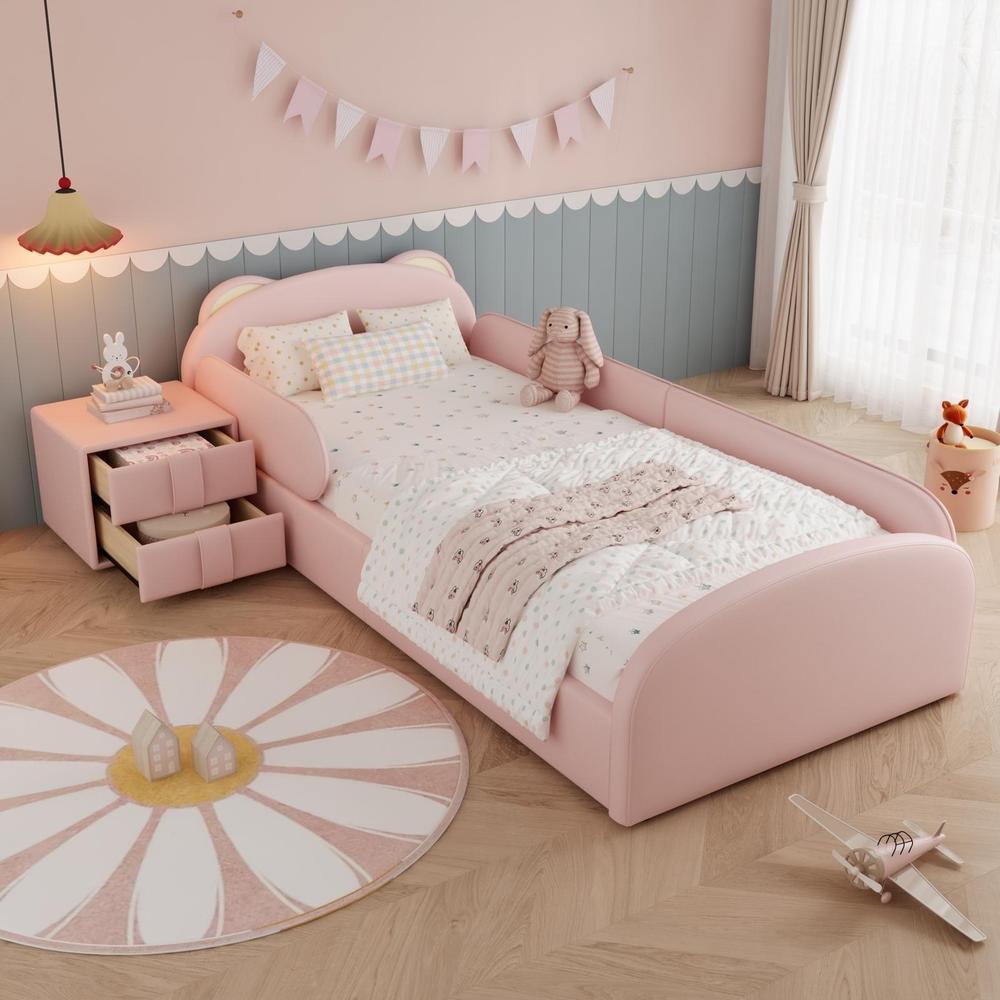Cama infantil capitonada 90x200cm con cabecero oso y mesita rosa