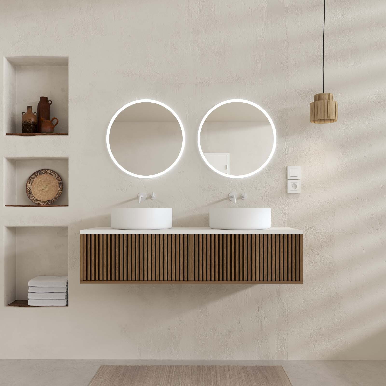 Mueble de baño 120 acanalado roble y negro - lavabos y espejos LED redondos