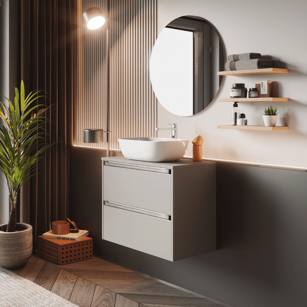 Mueble de baño susp. | lavabo |2 cajones | 80 cm moka tir. Cromo