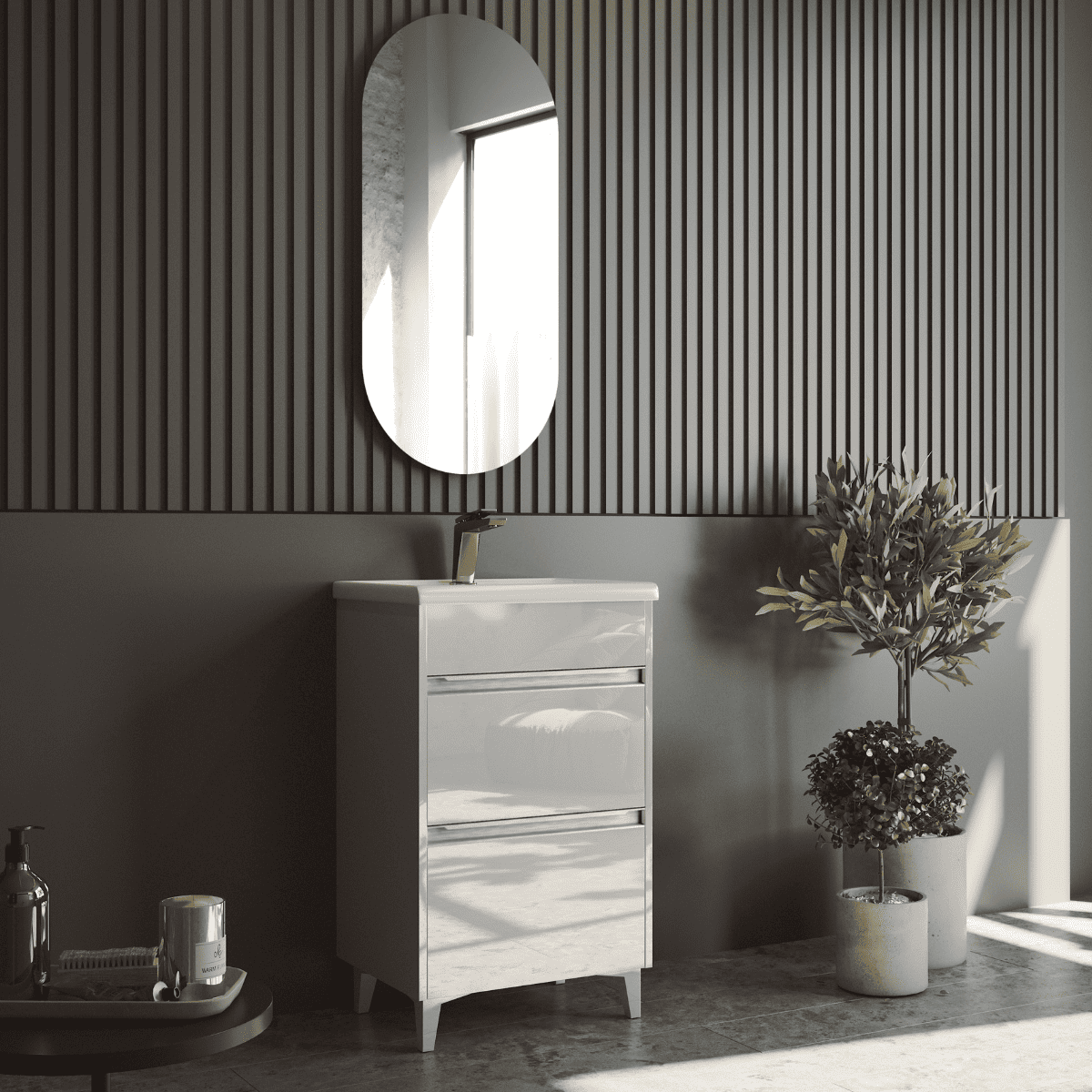 Mueble a suelo lavabo fondo reducido |2 cajones | 50 cm blanco tir. Cromo