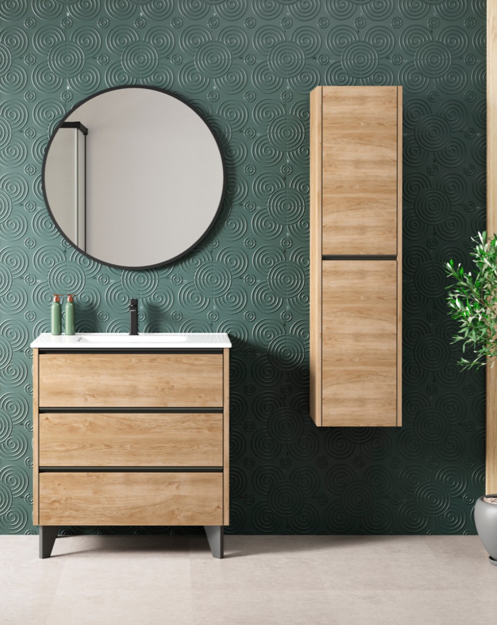 Mueble de baño al suelo con lavabo cerámico | 60 cm - roble natural