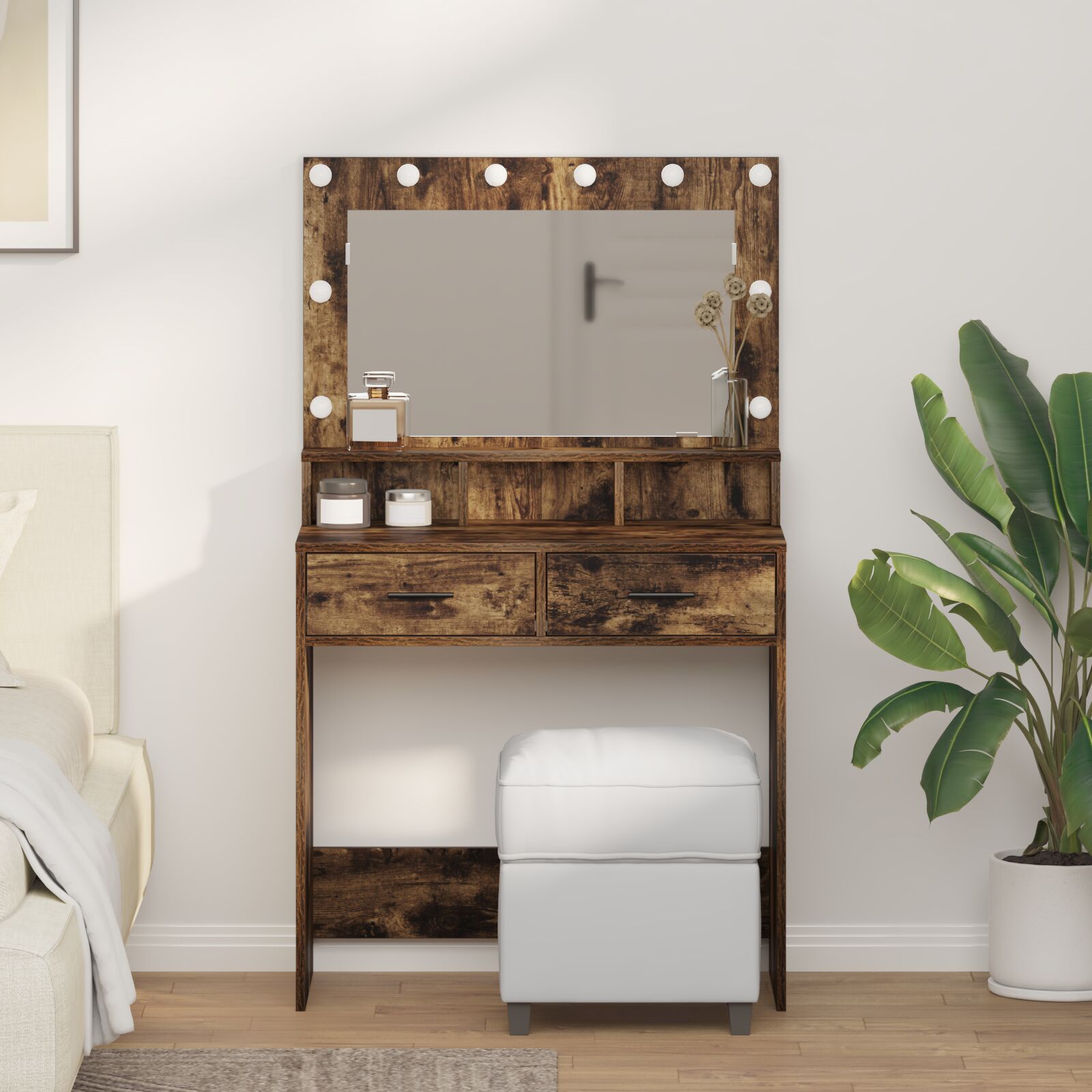 Mesa de tocador con luces LED de madera ahumada 79x41x135 cm oif651076