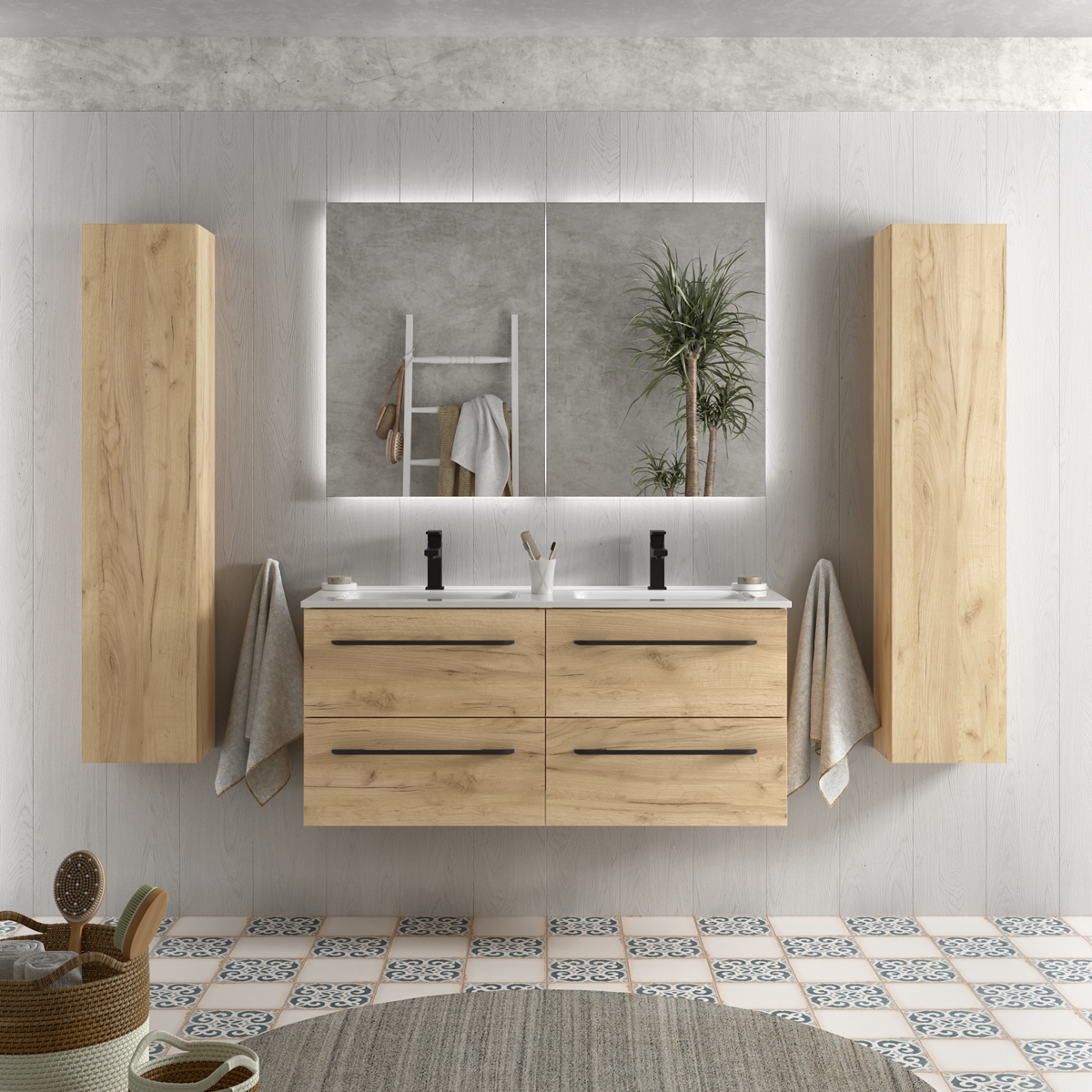 Mueble baño morai 120 cm roble con tirador negro | lavabo