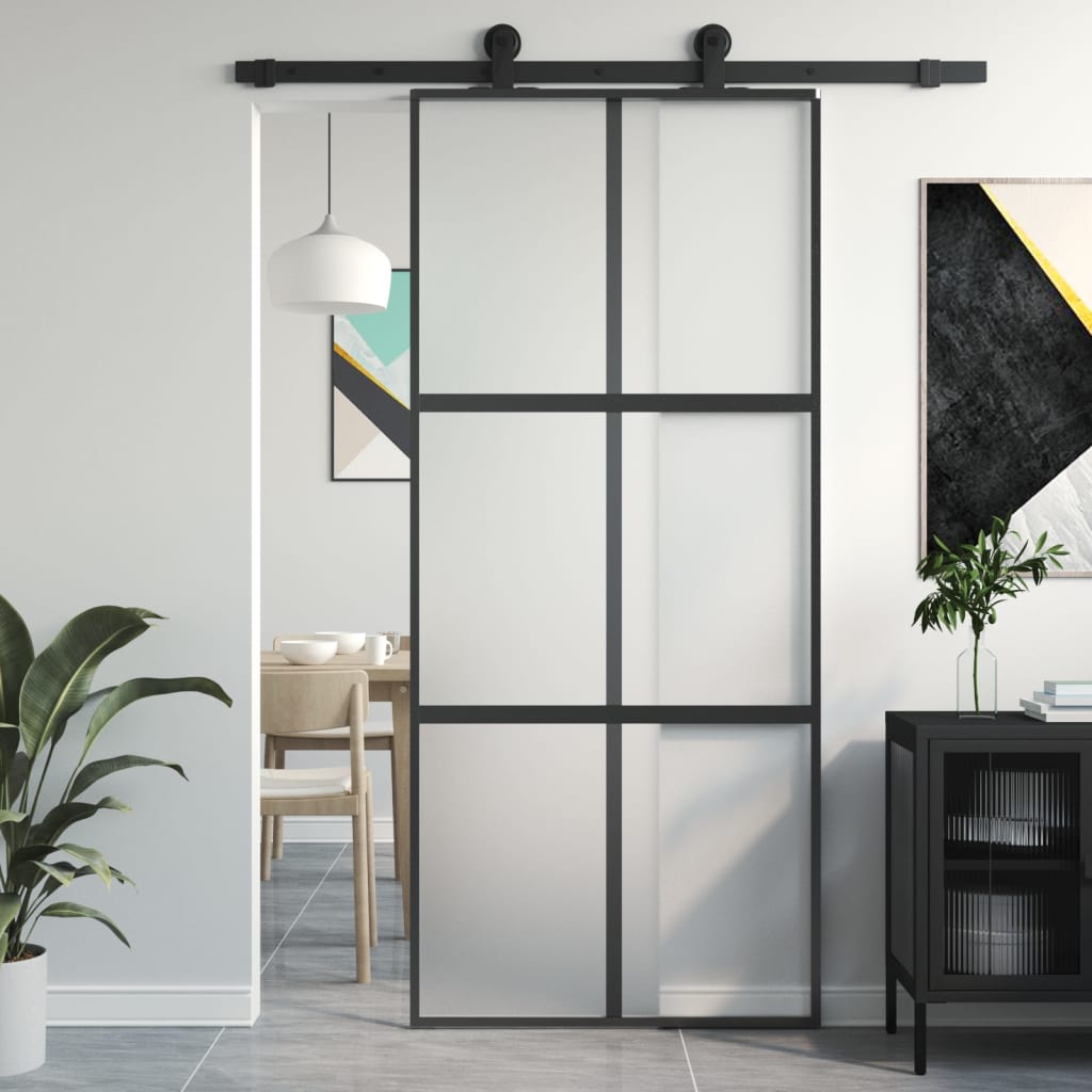 Puerta corredera vidrio templado y aluminio negra 90x205 cm esxt5065