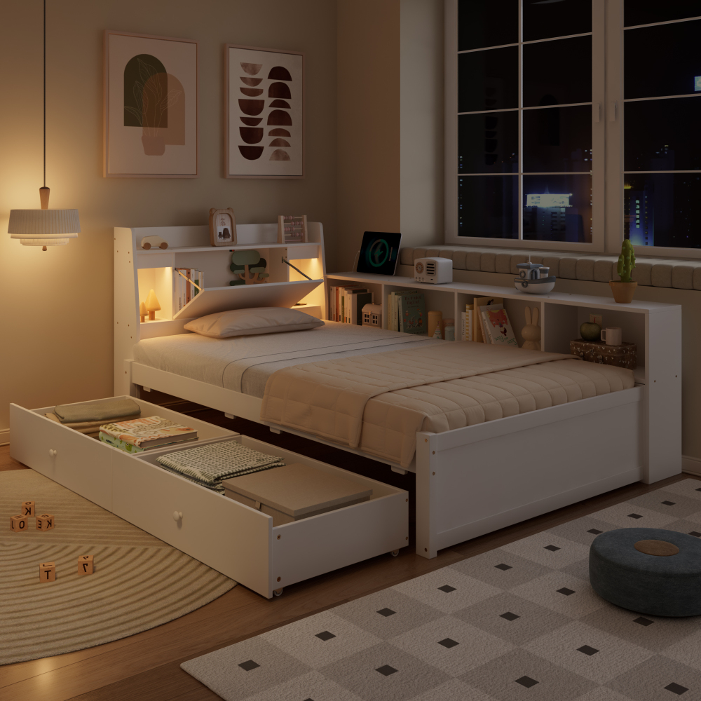 Cama individual 90x200 cm con almacenaje y luces madera y mdf – blanco