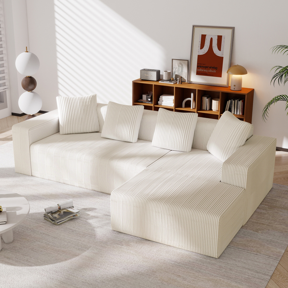 Sofá chaise longue modular pana blanca 3 plazas con cojines