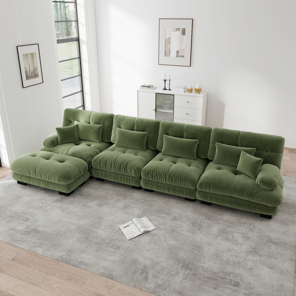 Sofá modular en l de chenilla verde 4 plazas con otomana móvil