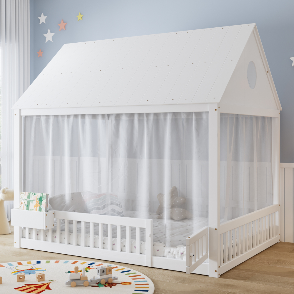 Cama casita 140x200 cm con tejado, ventana y almacenaje madera – blanco