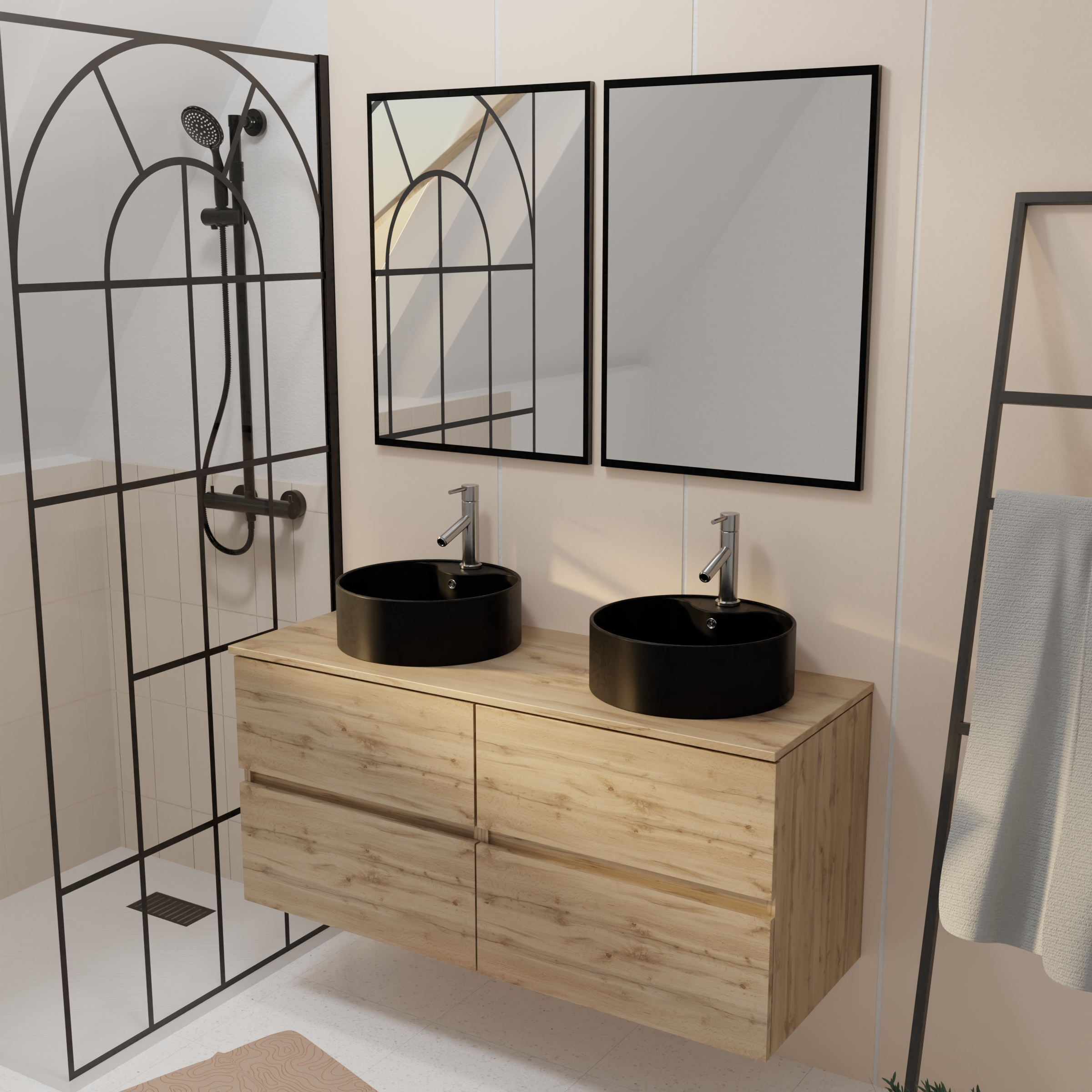 Mueble baño 120cm 4 cajones roble, lavabos negros ø41cm, 2 espejos 55x75