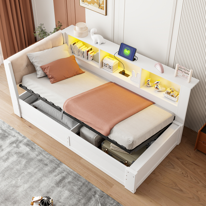 Cama tapizada 90x200cm con almacenaje hidráulico y LED de lino – blanco