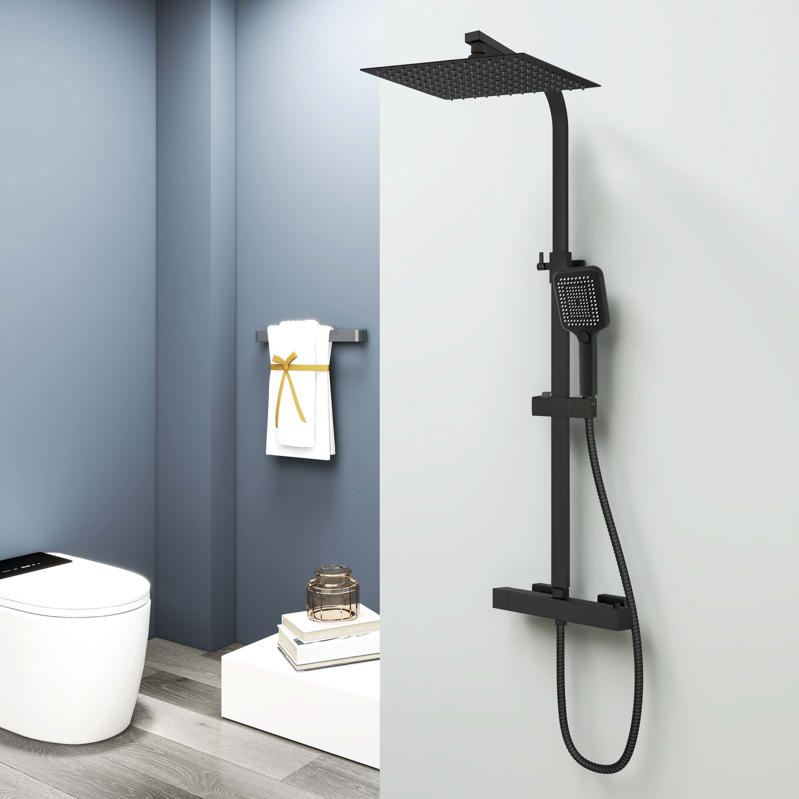 Aica columna ducha termostato 38℃ 30x30cm (12") alcachofa grande negro