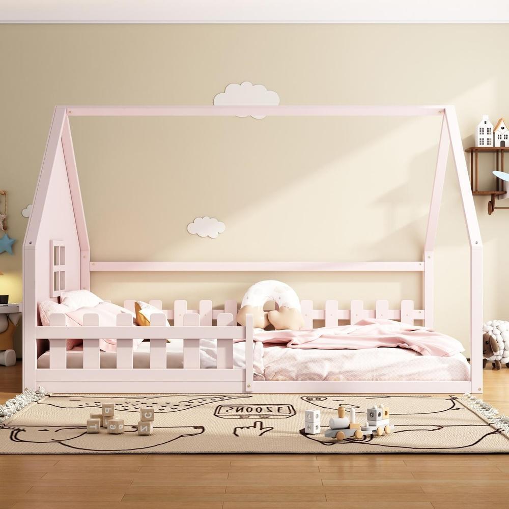 Cama infantil 140x200cm con barandilla madera pino rosa sin colchon