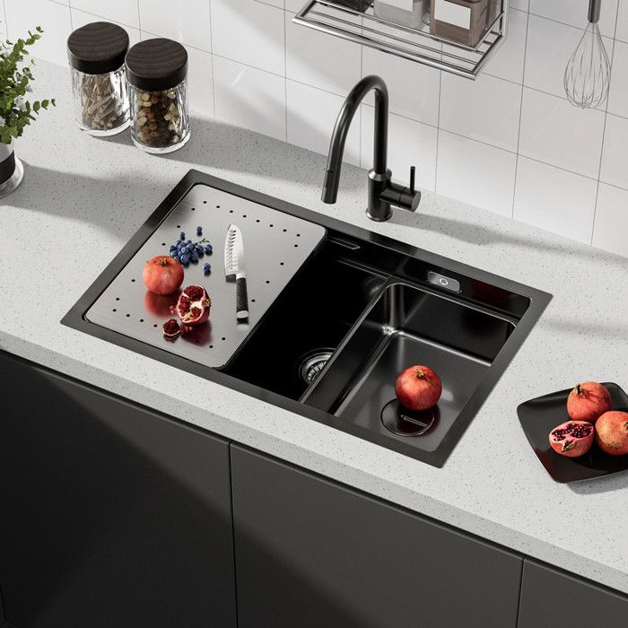 Fregadero de cocina 70x44 cm, 1,5 senos, escurridor, negro antracita