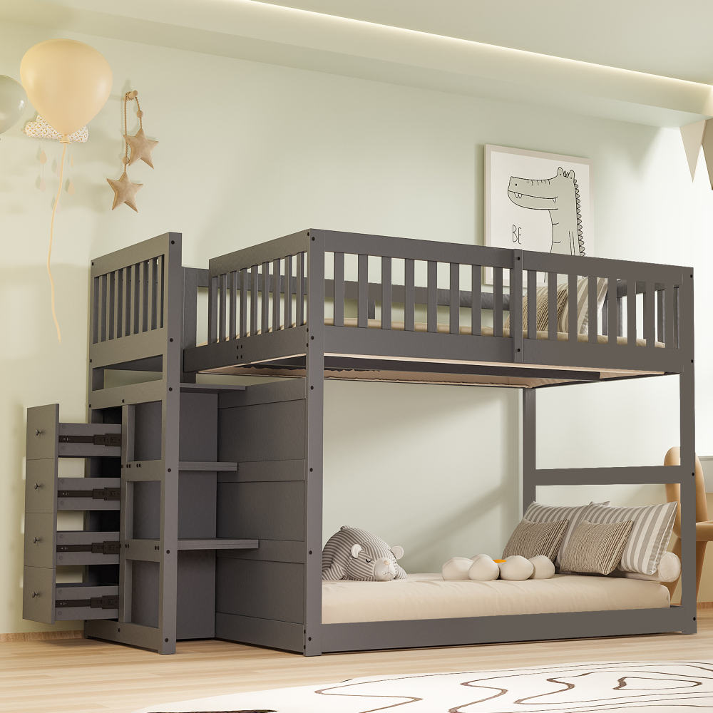 Litera baja 140x200 cm con escalera y 4 cajones madera – color gris