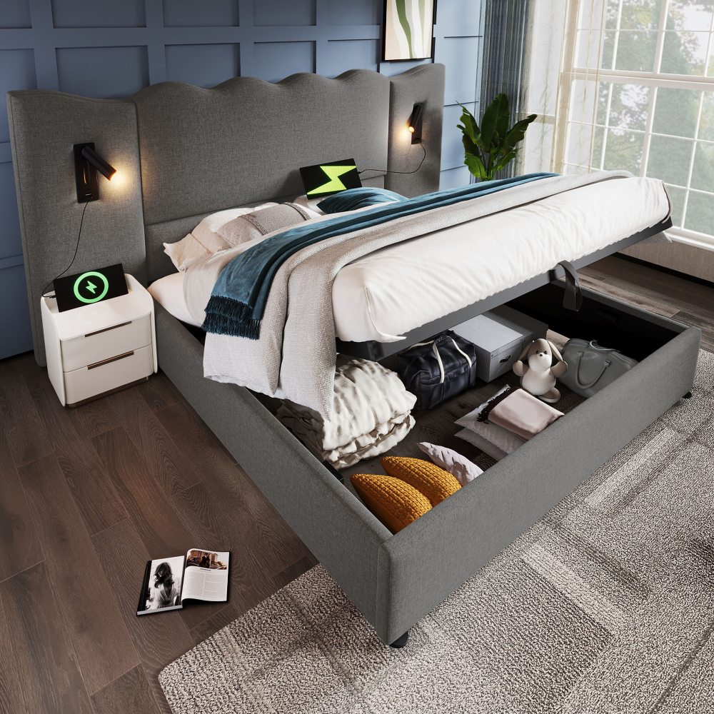 Cama tapizada 180x200cm con canapé, lámpara giratoria y usb-c lino gris
