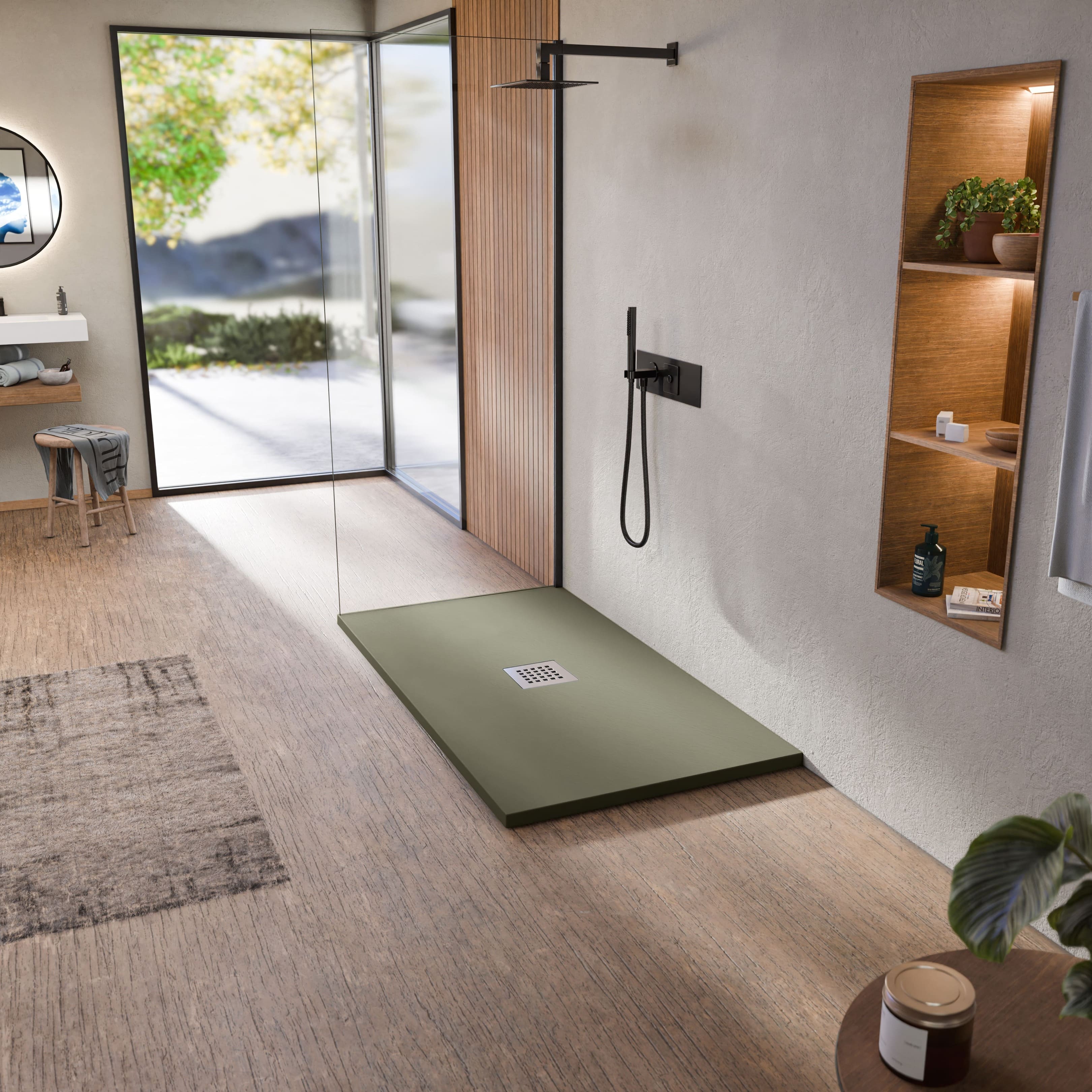 Plato de ducha de resina antideslizante kaki 75 x 100 cm bellobath