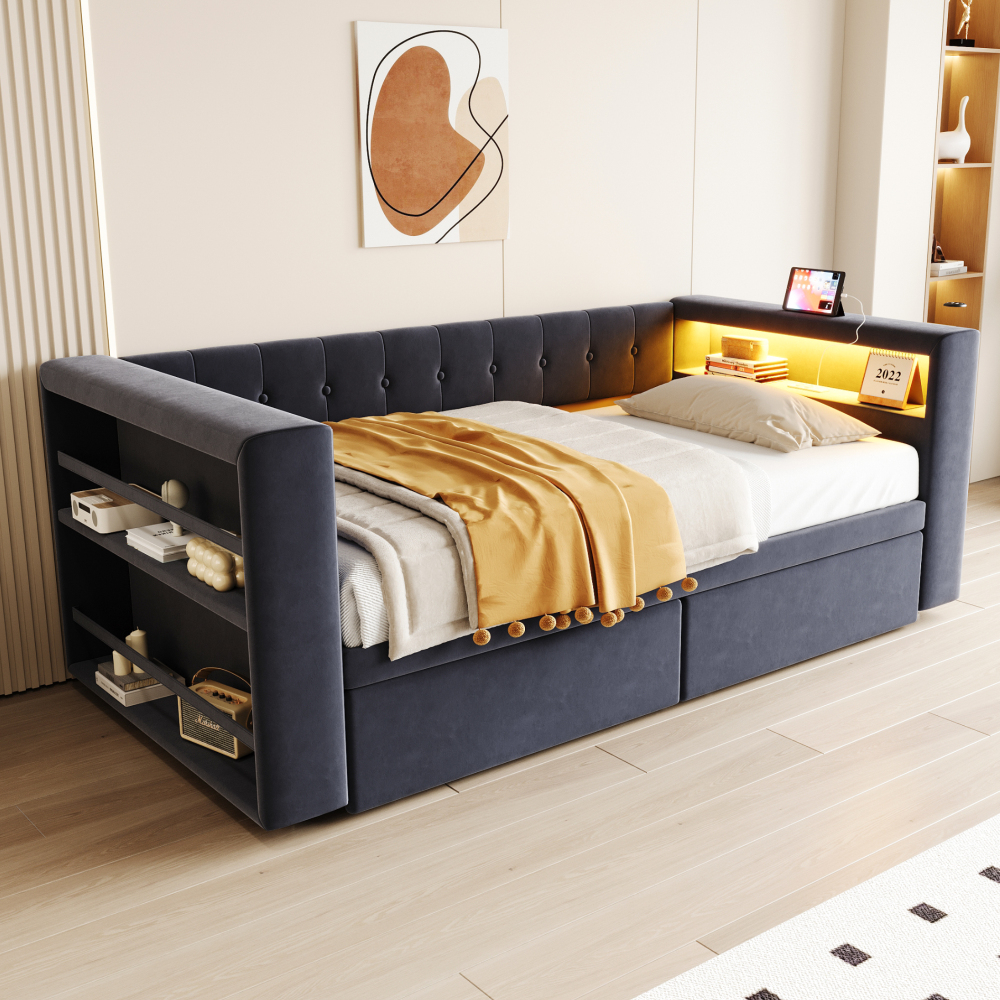Sofá cama individual 90x190cm con LED enchufe y cajones franela gris oscuro