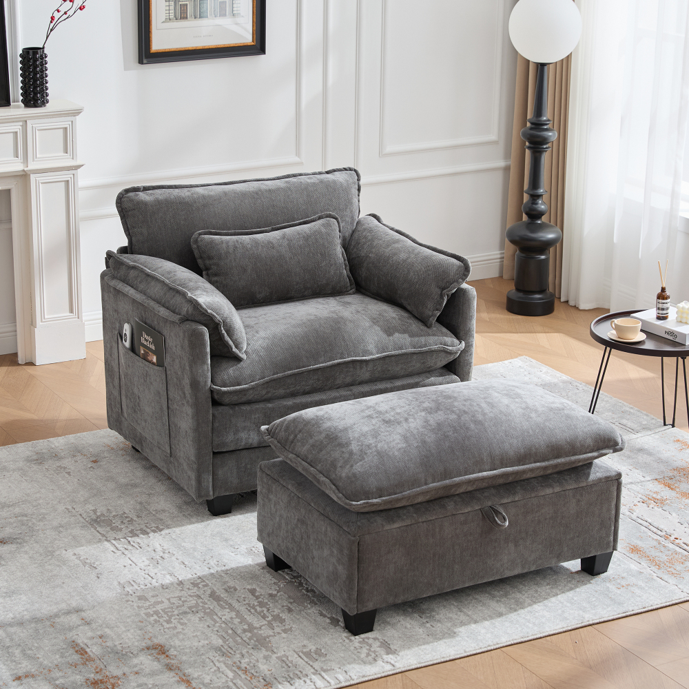 Sillón relax individual con reposapiés chenilla gris 1 plaza con almacenaje