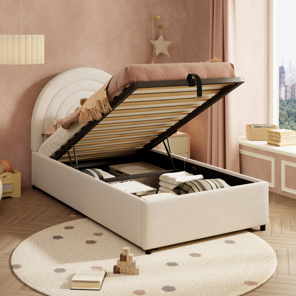 Cama individual tapizada 90x200cm con canapé hidráulico terciopelo – beige