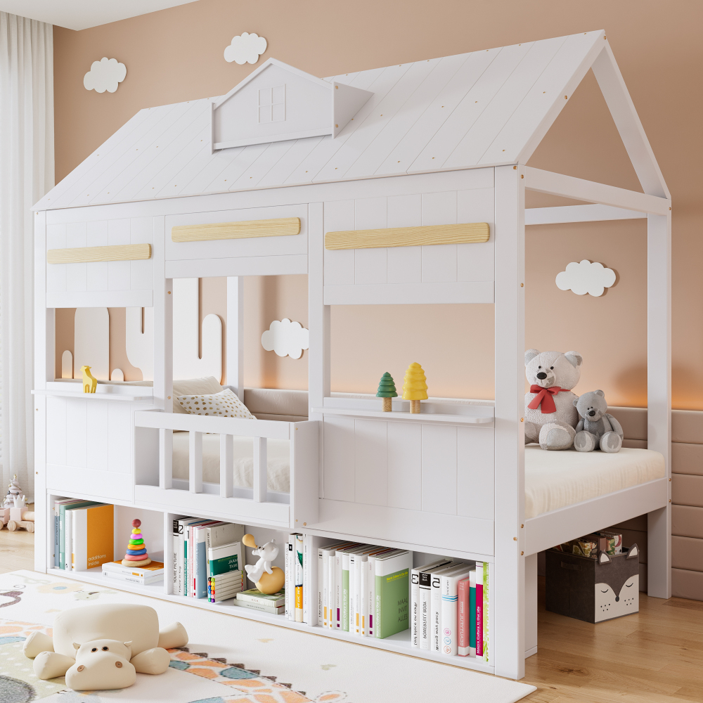 Cama infantil alta 90x200 cm con estantería madera y mdf – color blanco