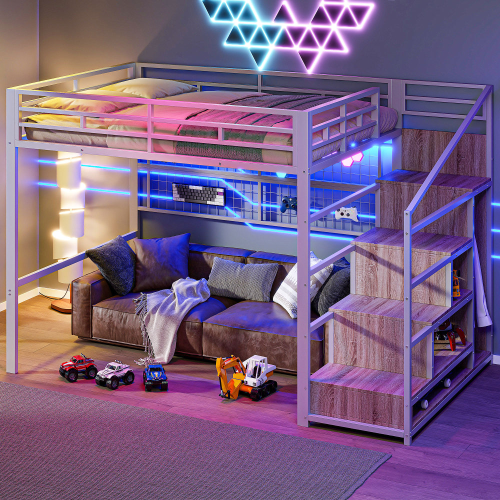 Cama alta 140x200cm con armario, escalera de almacenaje y LED metal blanco